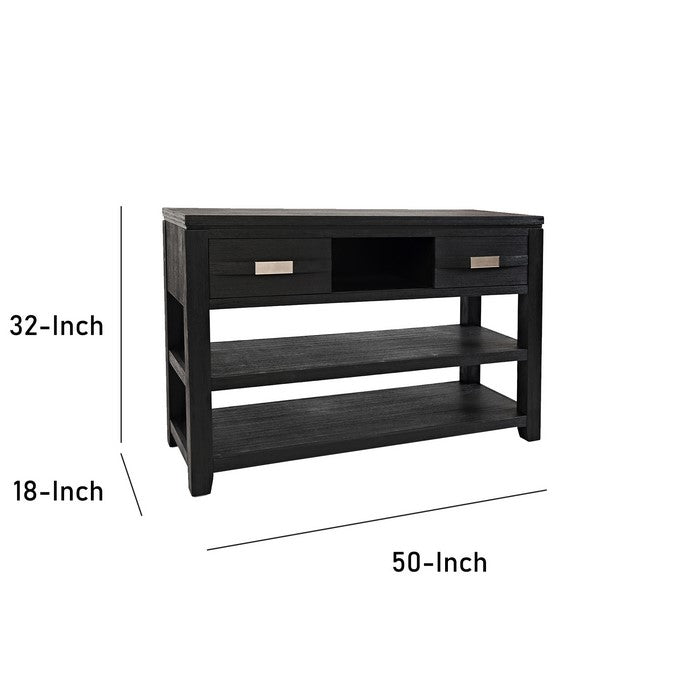 Wooden Sofa Table with 2 Open Shelves and 2 Sliding Panels, Dark Gray