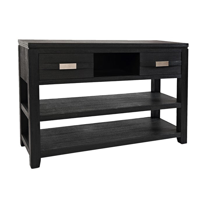 Wooden Sofa Table with 2 Open Shelves and 2 Sliding Panels, Dark Gray