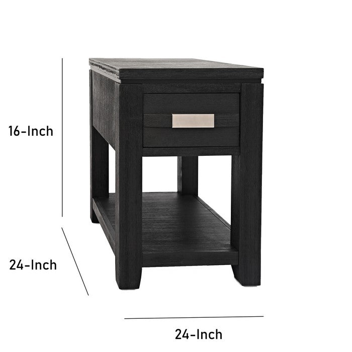1 Drawer Wooden Chairside with 2 Power Outlets and 2 USB Ports, Dark Gray
