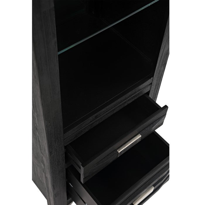 Wooden Bookcase with 2 Drawers and 2 Glass Shelves, Dark Gray