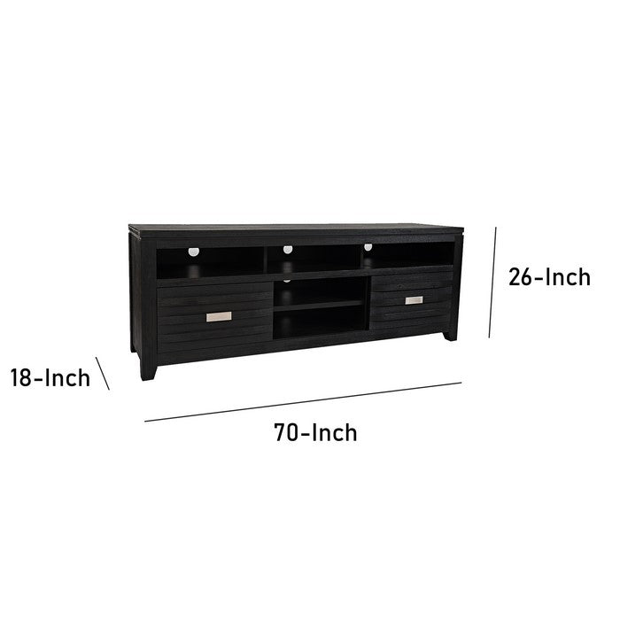 70 Inch Wooden Media Console Table with 3 Open Compartments, Dark Gray