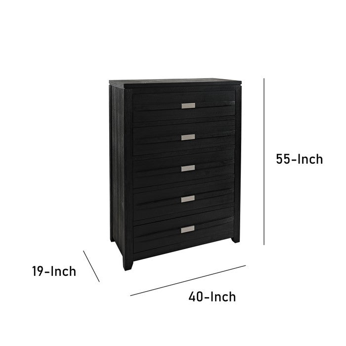 5 Drawer Wooden Chest with Chamfered Legs and Metal Handles, Dark Gray