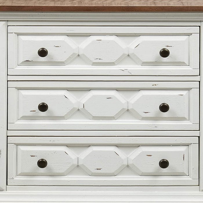 3 Drawer Cottage Style Wood Nightstand with Rustic Details, White and Brown