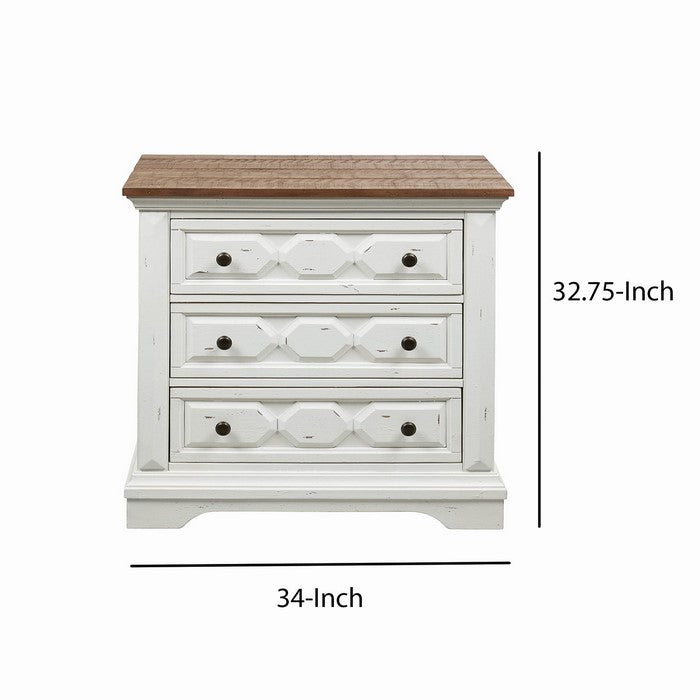 3 Drawer Cottage Style Wood Nightstand with Rustic Details, White and Brown