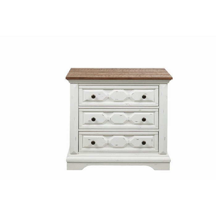 3 Drawer Cottage Style Wood Nightstand with Rustic Details, White and Brown