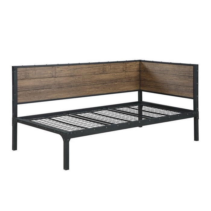 Industrial Metal Twin Size Daybed with Wooden Side Panels, Brown and Black