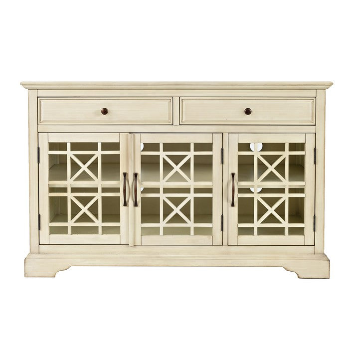 Wooden Media Unit with 2 Drawers and 3 Doors with X Motif Details, Cream