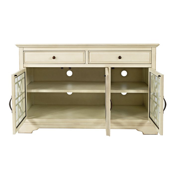 Wooden Media Unit with 2 Drawers and 3 Doors with X Motif Details, Cream