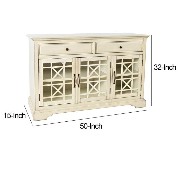 Wooden Media Unit with 2 Drawers and 3 Doors with X Motif Details, Cream