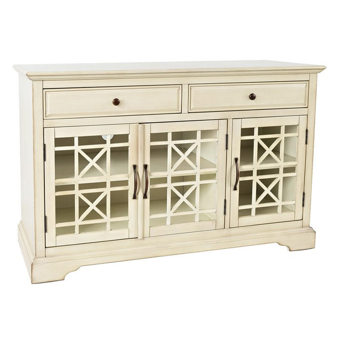 Wooden Media Unit with 2 Drawers and 3 Doors with X Motif Details, Cream