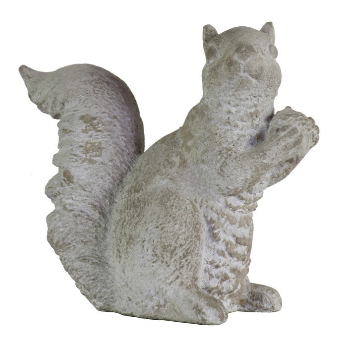 Cement Figurine of Squirrel Sitting Sideways and Holding a Nut, Gray