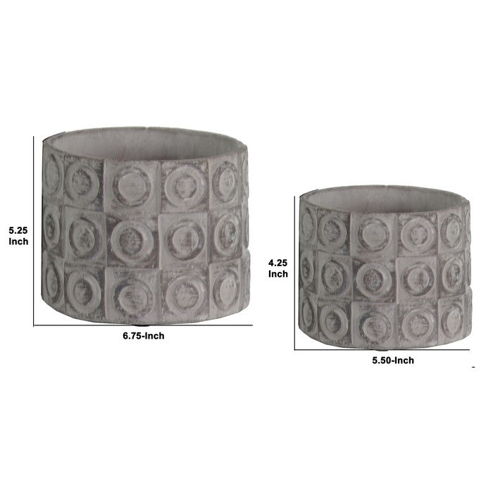 Cement Round Deep Pot with Geometric Design, Set of Two, Gray