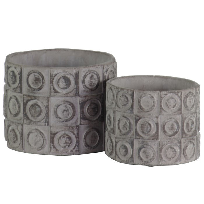 Cement Round Deep Pot with Geometric Design, Set of Two, Gray