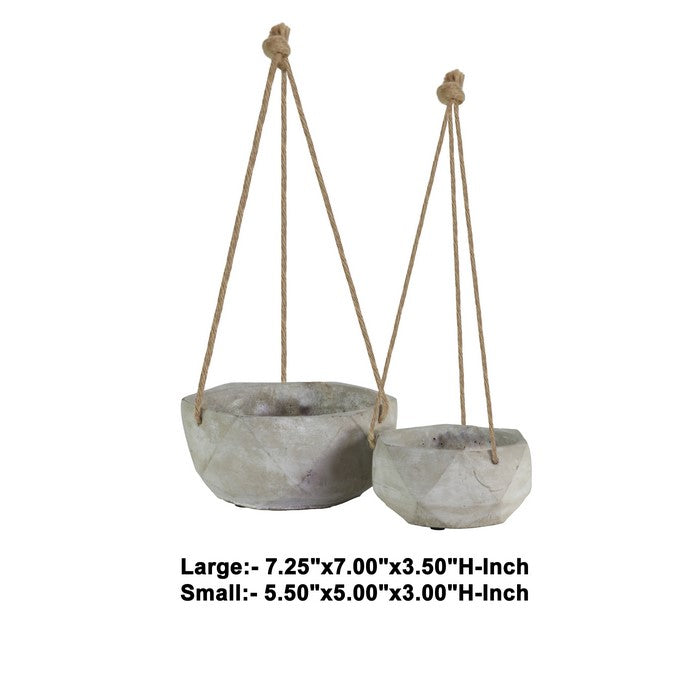 Cement Hexagonal Pots with Rope Attachments, Short, Set of Two, Gray
