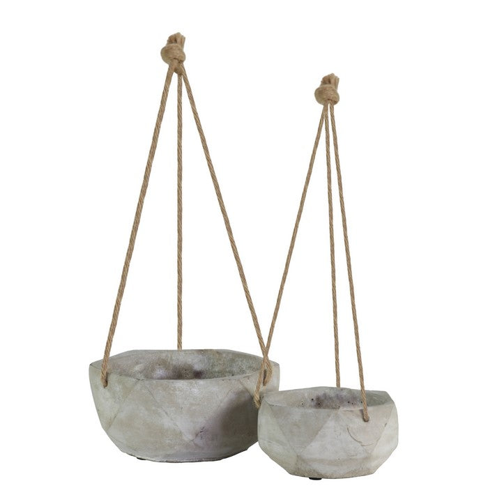 Cement Hexagonal Pots with Rope Attachments, Short, Set of Two, Gray