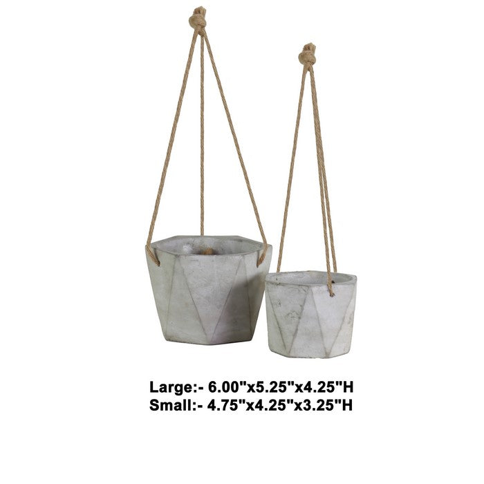 Cement Hexagonal Pots with Rope Attachments, Tall, Set of Two, Gray