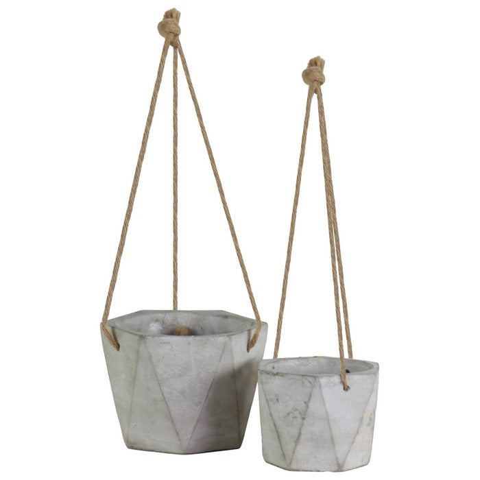 Cement Hexagonal Pots with Rope Attachments, Tall, Set of Two, Gray