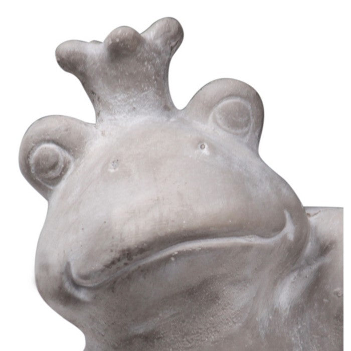 Cement Figurine of Crowned Frog Leaning Sideways with Concrete Finish, Gray