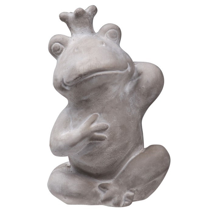 Cement Figurine of Crowned Frog Leaning Sideways with Concrete Finish, Gray