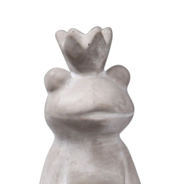 Cement Figurine of Crowned Frog with Resting Arms and Sitting On Ball, Gray