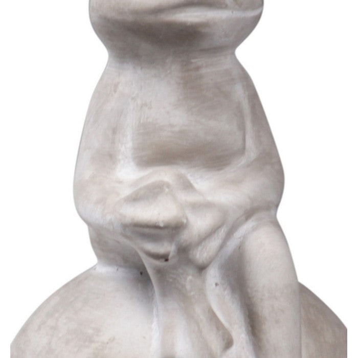 Cement Figurine of Crowned Frog with Resting Arms and Sitting On Ball, Gray