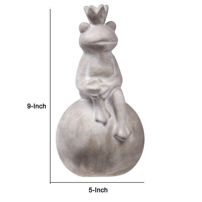 Cement Figurine of Crowned Frog with Resting Arms and Sitting On Ball, Gray