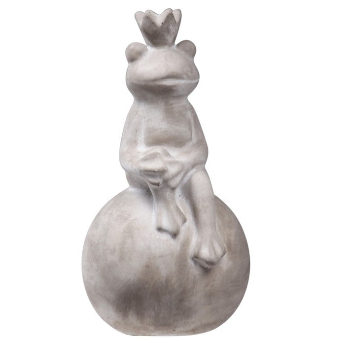 Cement Figurine of Crowned Frog with Resting Arms and Sitting On Ball, Gray