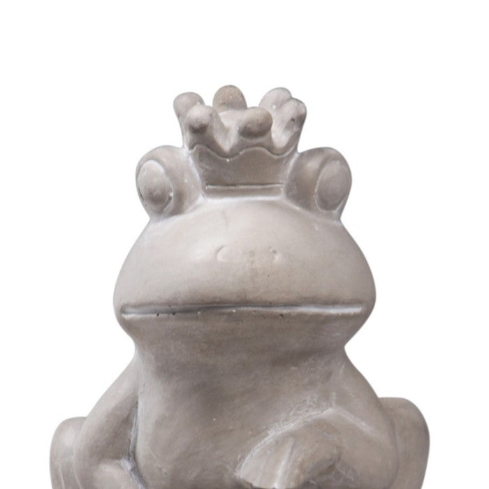 Cement Figurine of Crowned Frog Sitting Flat On Plain Smooth Ball, Gray