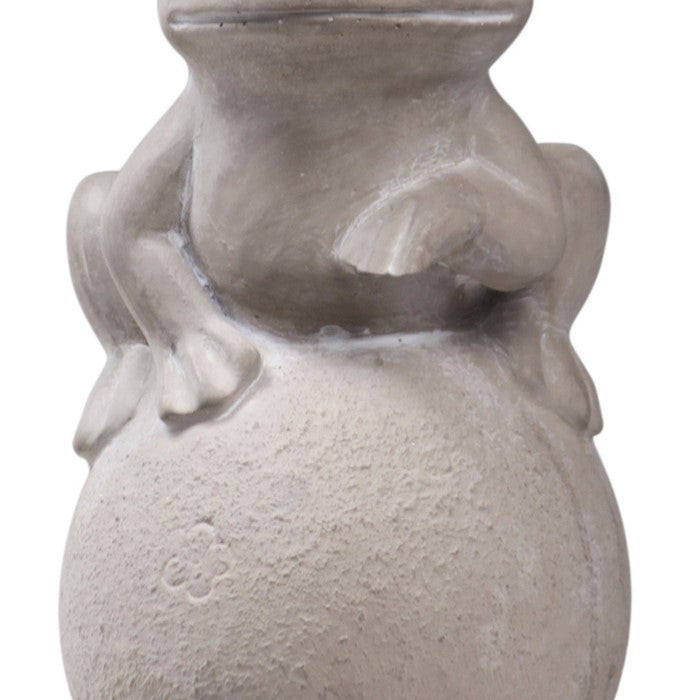 Cement Figurine of Crowned Frog Sitting Flat On Plain Smooth Ball, Gray