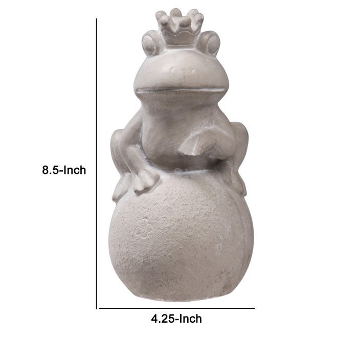 Cement Figurine of Crowned Frog Sitting Flat On Plain Smooth Ball, Gray