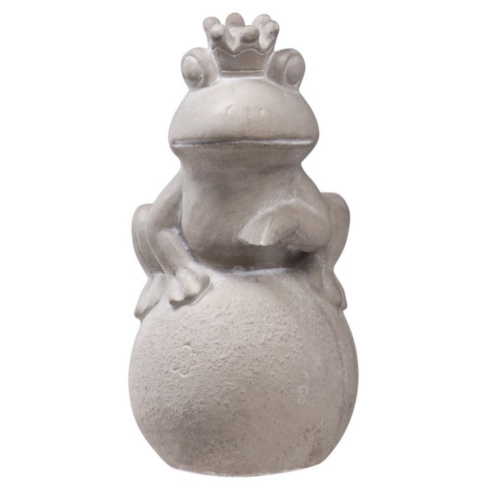 Cement Figurine of Crowned Frog Sitting Flat On Plain Smooth Ball, Gray