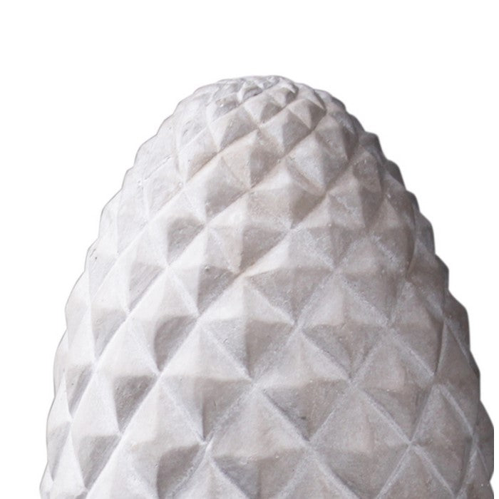 Cement Sculpture of Pine Cone on Round Base with Carvings, Gray