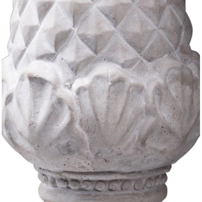 Cement Sculpture of Pine Cone on Round Base with Carvings, Gray