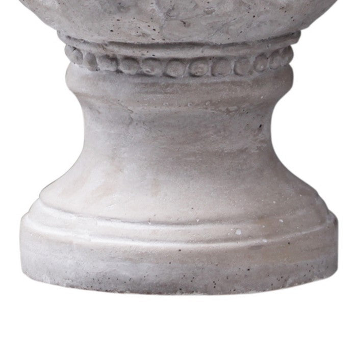 Cement Sculpture of Pine Cone on Round Base with Carvings, Gray