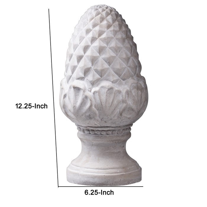 Cement Sculpture of Pine Cone on Round Base with Carvings, Gray