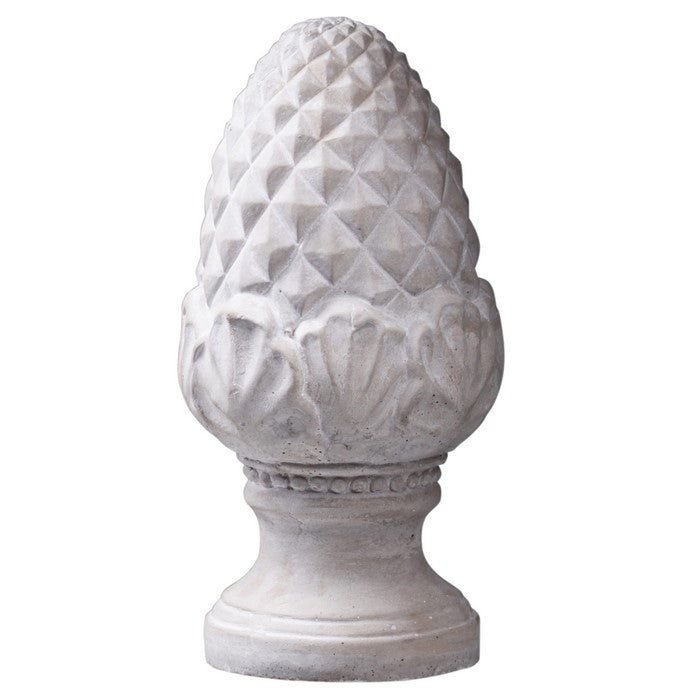 Cement Sculpture of Pine Cone on Round Base with Carvings, Gray