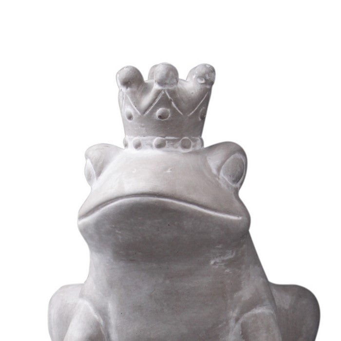 Cement Figurine of Crowned Frog Sitting Flat On Scroll Designed Ball, Gray