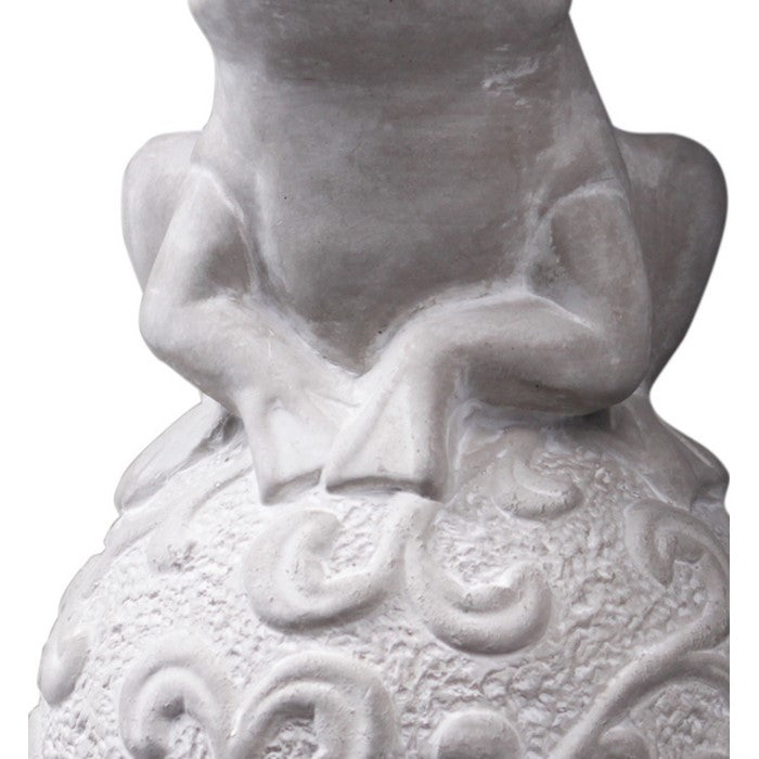 Cement Figurine of Crowned Frog Sitting Flat On Scroll Designed Ball, Gray
