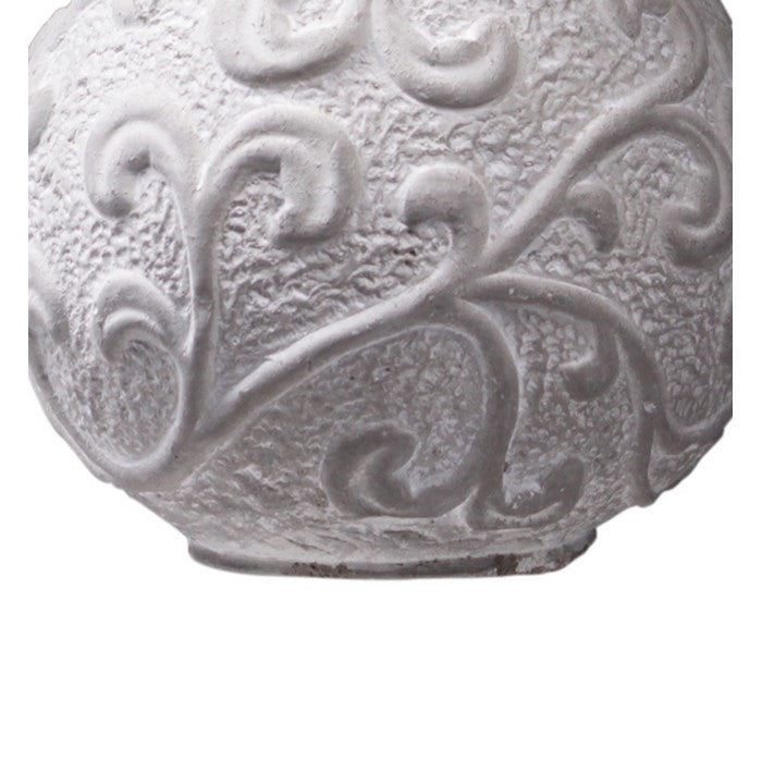 Cement Figurine of Crowned Frog Sitting Flat On Scroll Designed Ball, Gray