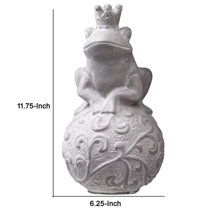 Cement Figurine of Crowned Frog Sitting Flat On Scroll Designed Ball, Gray
