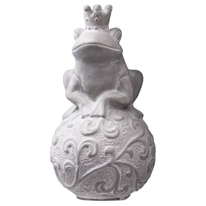 Cement Figurine of Crowned Frog Sitting Flat On Scroll Designed Ball, Gray