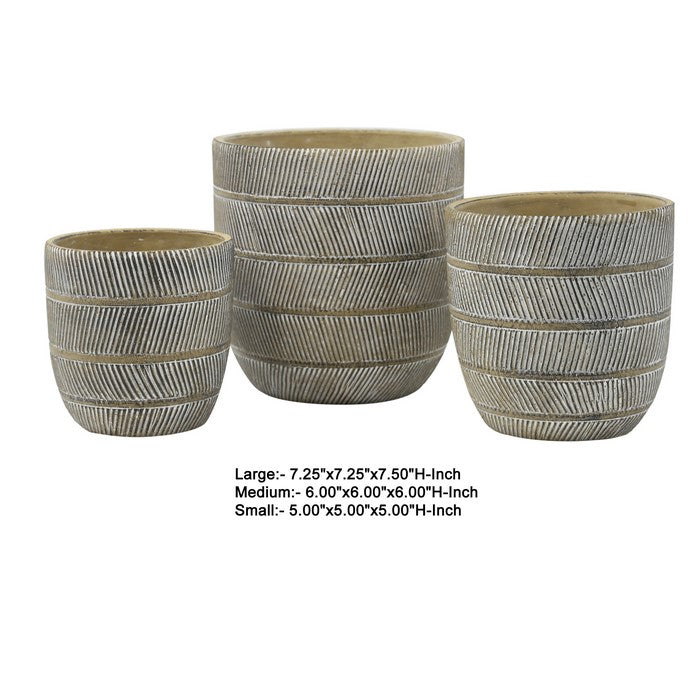 Cement Round Deep Pots with Line and Brush Design, Set of Three, Gray