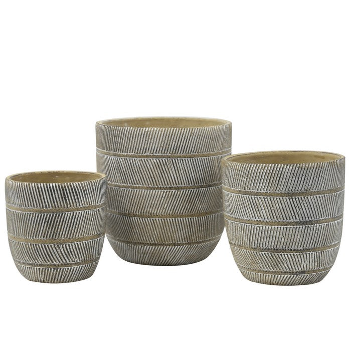 Cement Round Deep Pots with Line and Brush Design, Set of Three, Gray