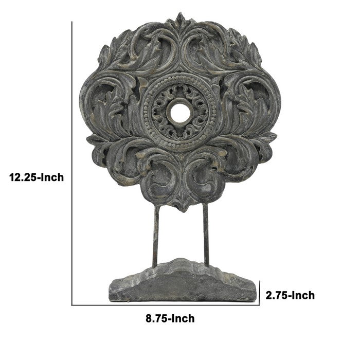 Decorative Cement Medallion with Metal Support and Base, Gray