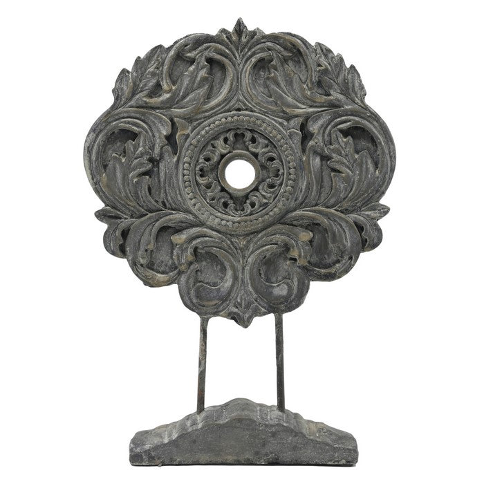 Decorative Cement Medallion with Metal Support and Base, Gray