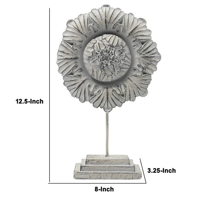 Cement Ornament of Floral Sunflower with Single Support Stand, Gray