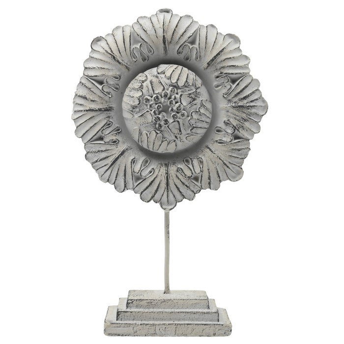 Cement Ornament of Floral Sunflower with Single Support Stand, Gray