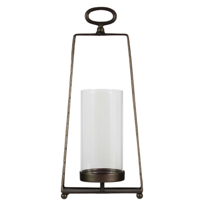 Metal Candle Holders with Glass Cylinders, Set of Three, White and Bronze