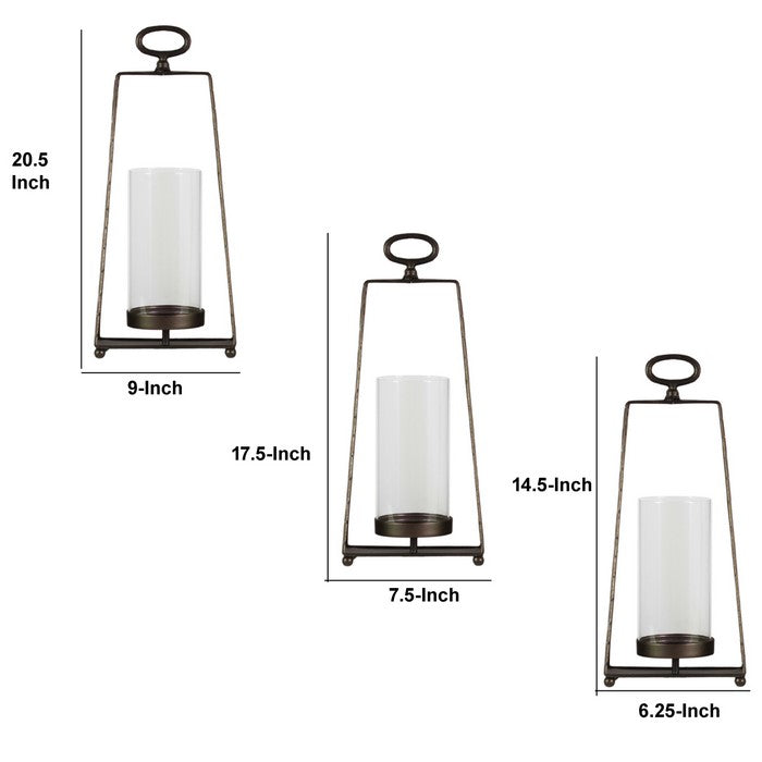 Metal Candle Holders with Glass Cylinders, Set of Three, White and Bronze