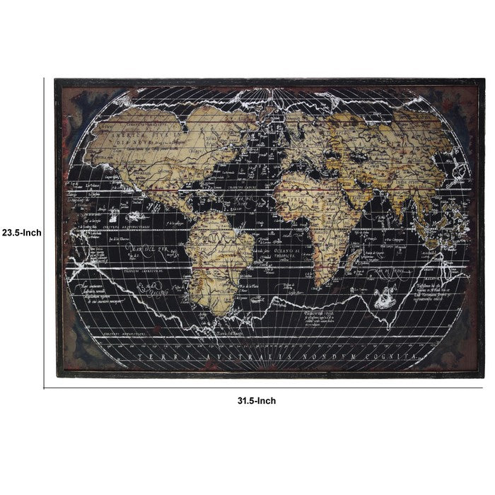 Wooden Giclee Printed World Atlas Frame with Distressed Look, Black